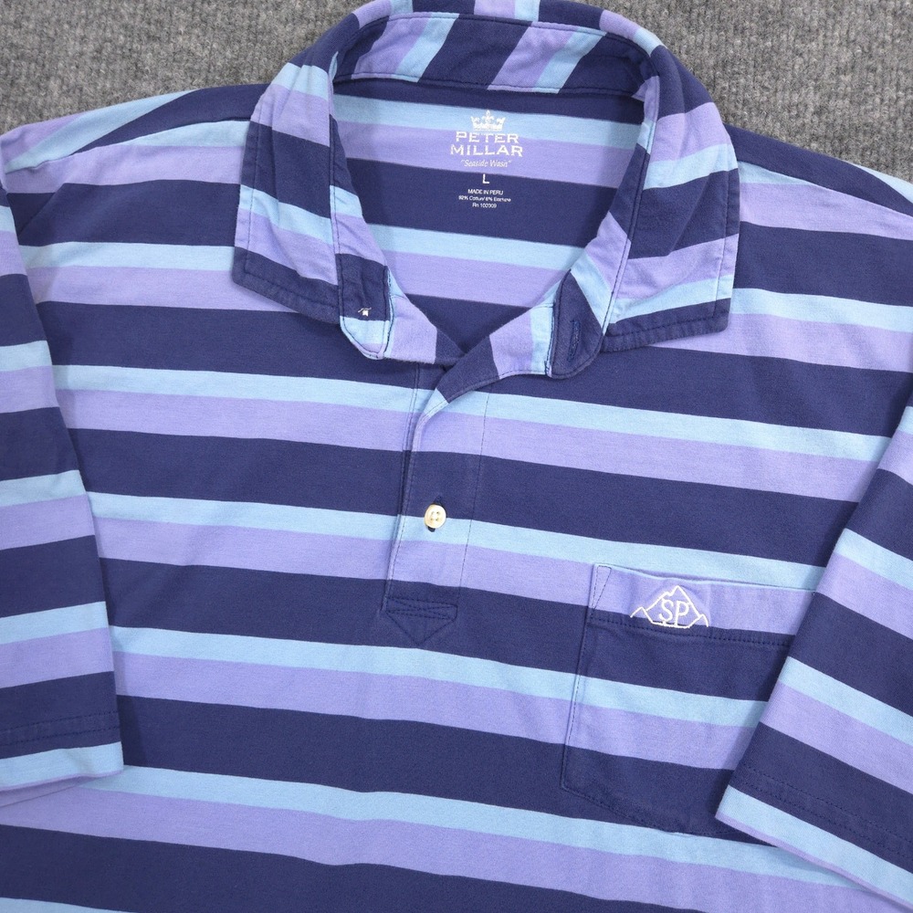 Peter Millar Seaside Wash Polo Shirt Mens L Lavender Navy Striped Stretch Preppy
